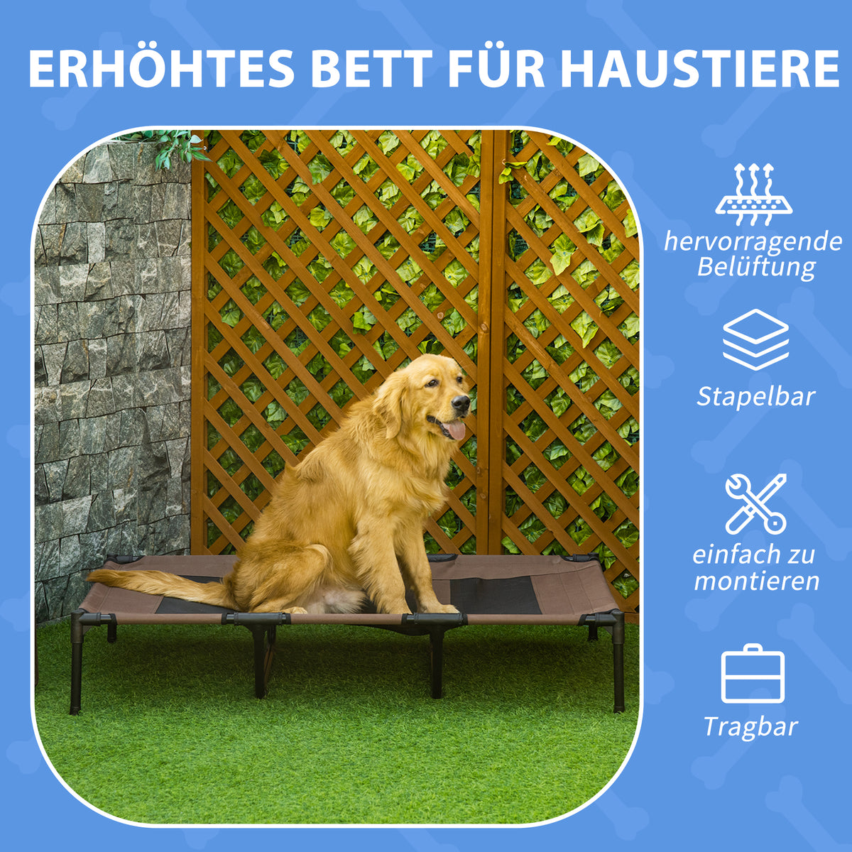PawHut Hundebett, faltbar, Outdoor-Hundebett, erhöhter Stand, 122 cm x 92 cm x 23 cm,  Kaffee-Braun + Schwarz