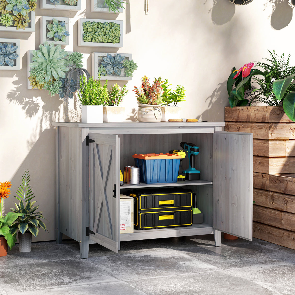 Outsunny Gartenschrank, Holzschrank für Gartengeräte, Outdoor-Schrank für Terrasse, mit Doppeltüren, Scheunendesign, Hellgrau