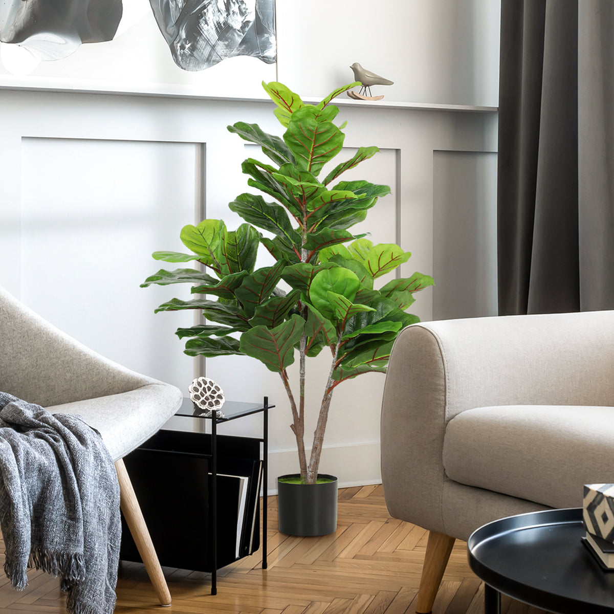 HOMCOM Künstliche Geigen-Feigenbaum 110cm Kunstpflanze, Plastik Künstliche Pflanzen im Topf, Dekoration Geschenk