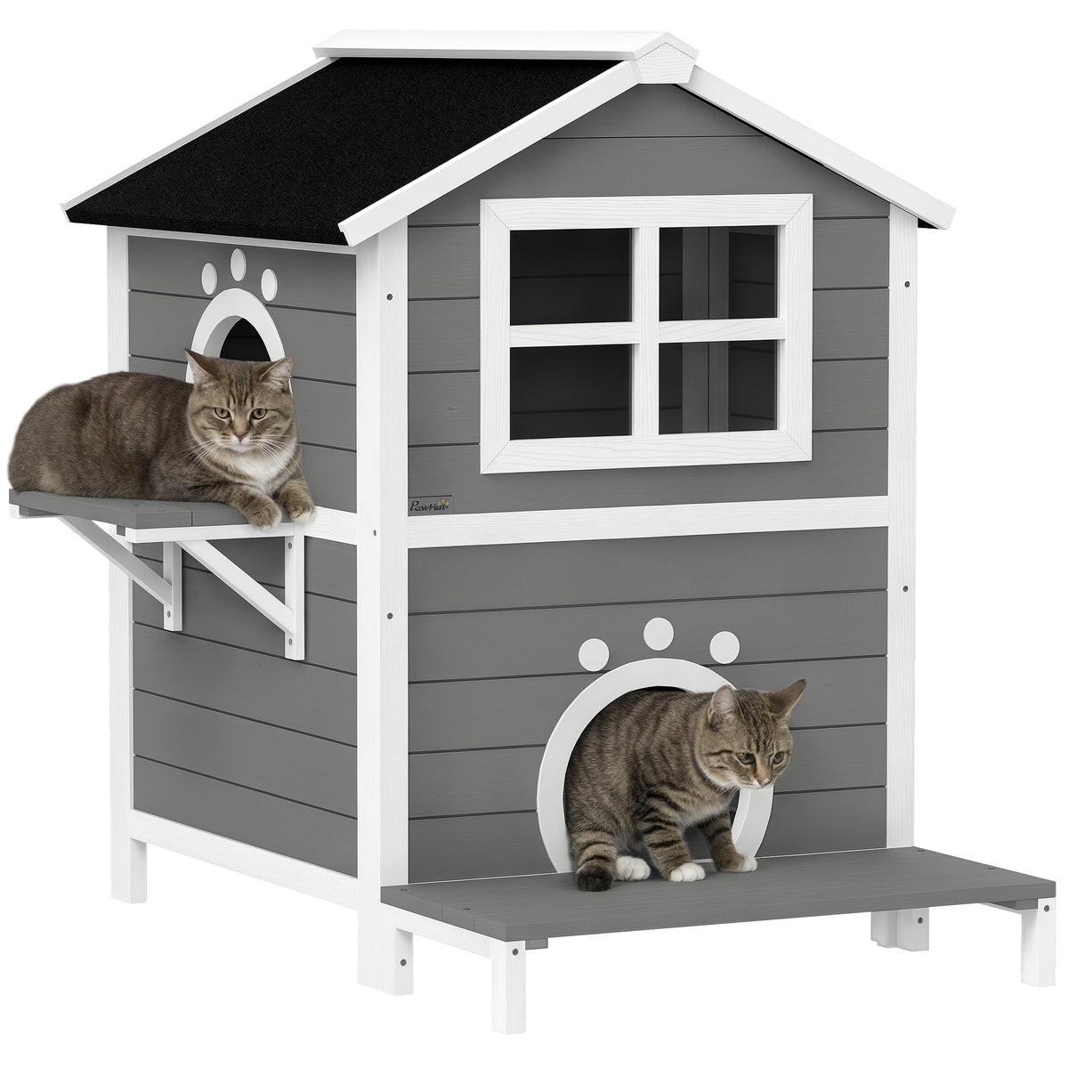 PawHut Outdoor-Katzenhaus mit wetterfestem Dach, Fenster, Balkon, herausnehmbarem Boden, 2 Ebenen, für 1-2 Katzen, Grau