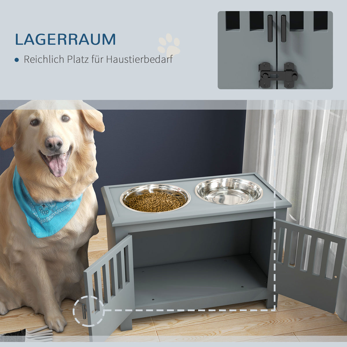 PawHut Erhöhte Futterstation für große Hunde, 2 Edelstahlnäpfe, Stauraum, 35,5x60x30 cm, Grau