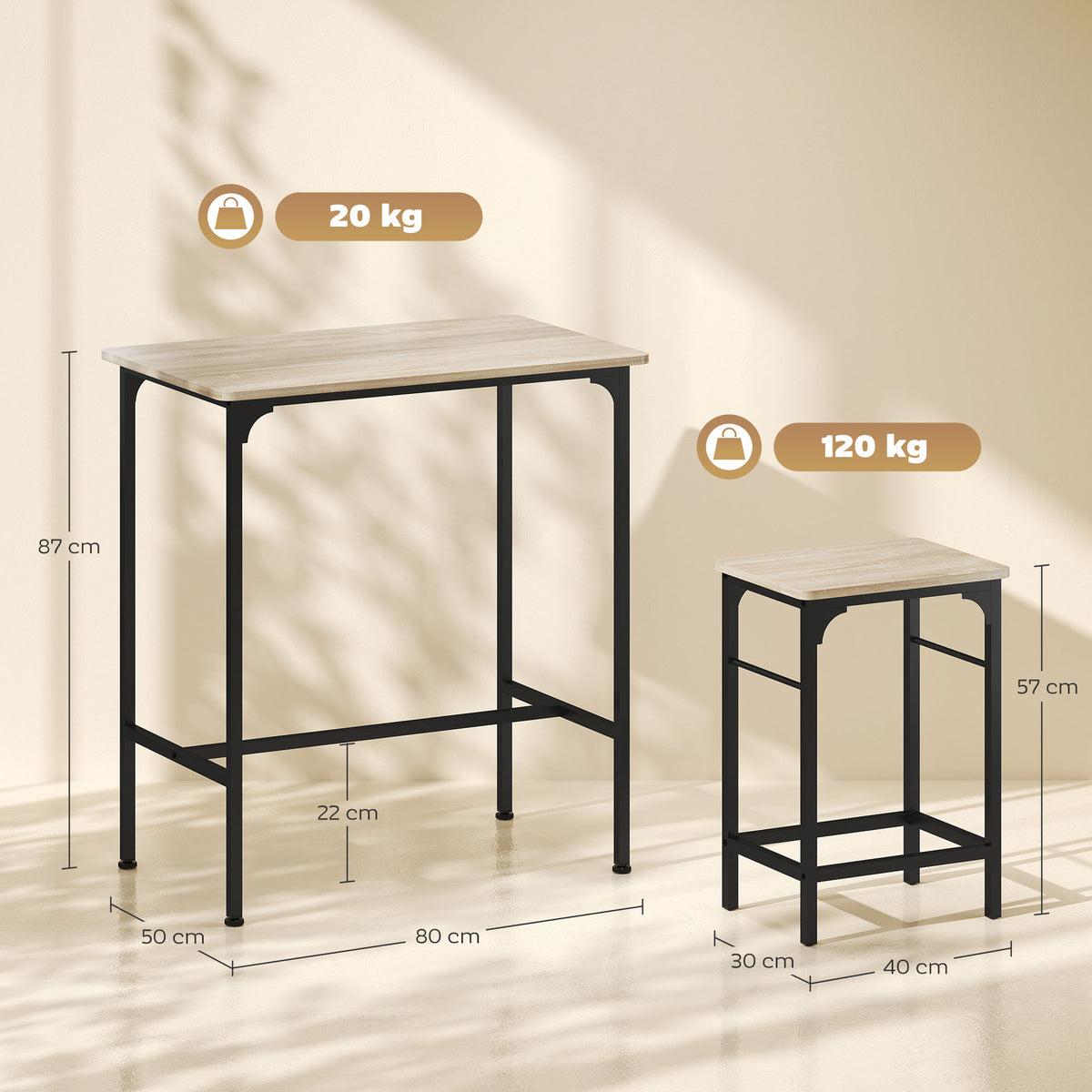 HOMCOM Bartisch Set Bartisch mit Barhocker-Set Esstisch mit 2 Stühlen mit Rutschfestem Fußpolster Naturholz