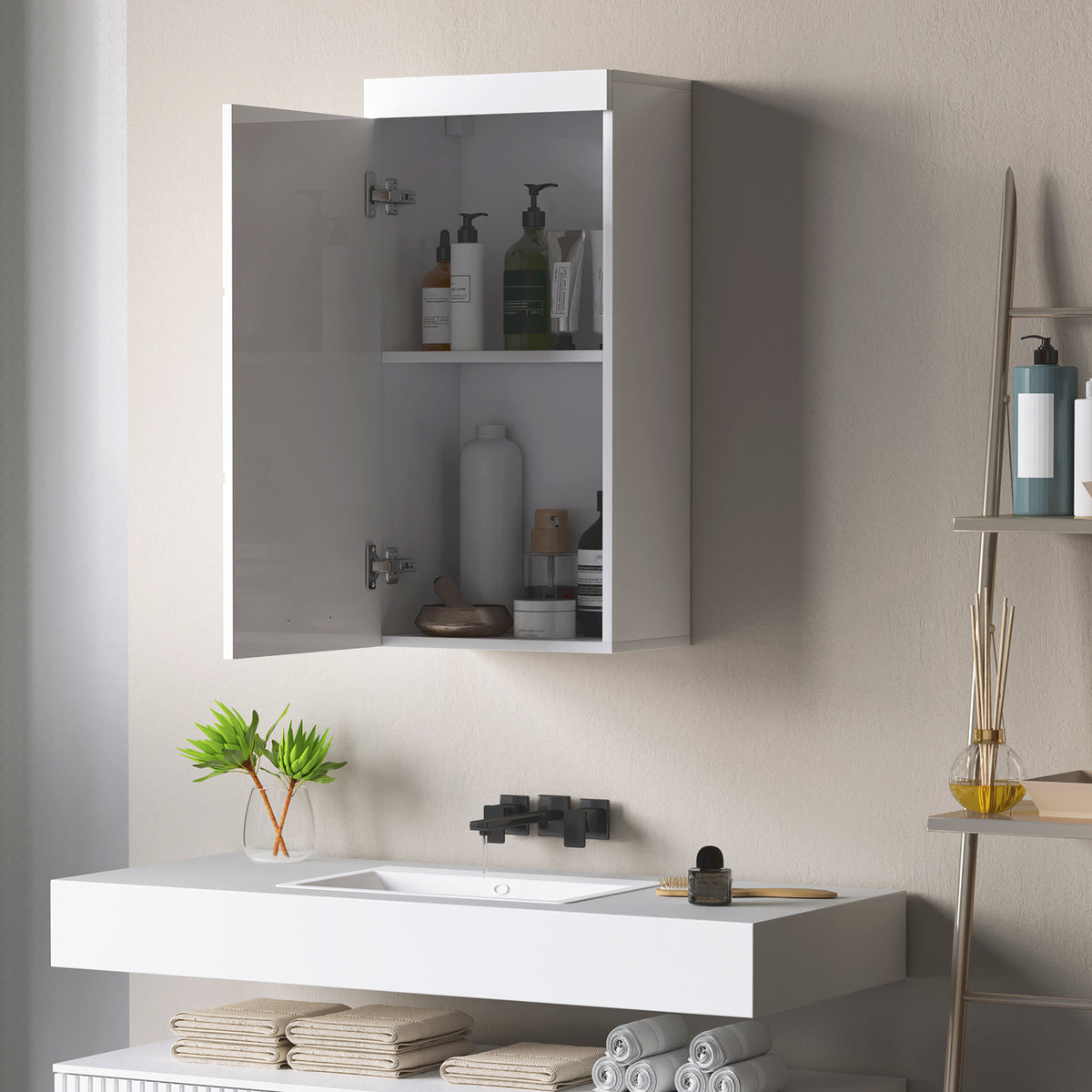 HOMCOM Zweistufiger Badezimmerschrank, Badkommode, wandmontiert, Spanplatte, MDF, Weiß