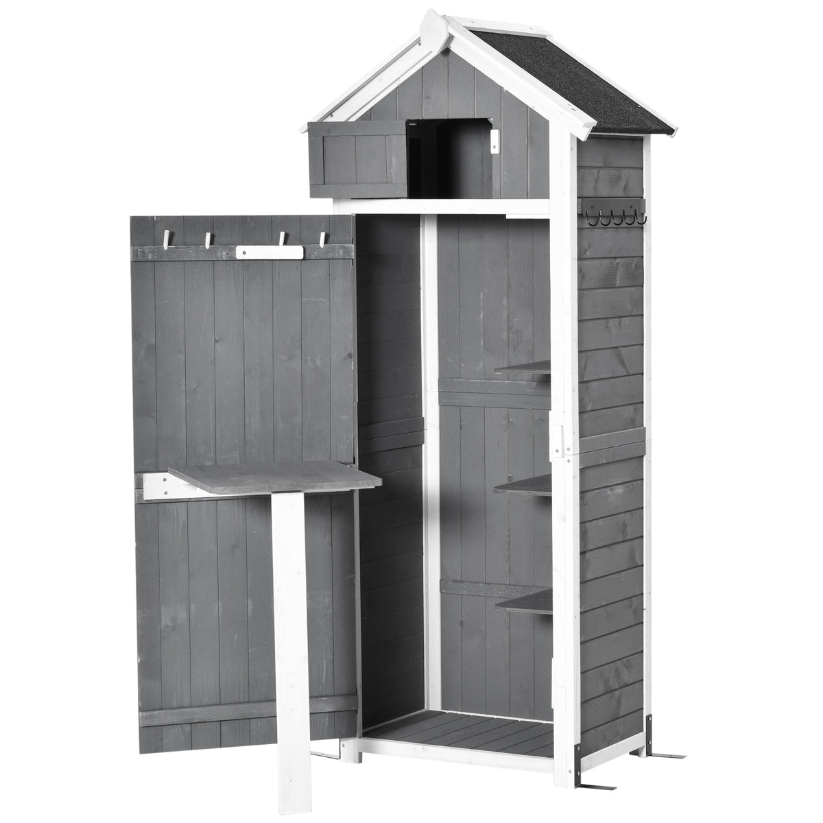 Outsunny Gartenschrank Holz, Geräteschuppen wetterfest 78x52,5x182cm, Gerätehaus mit Tür, Satteldach, Geräteschrank mit Haken, faltbar Tisch, Werkzeugschrank Gartenschuppen für Garten, Terrasse, Grau