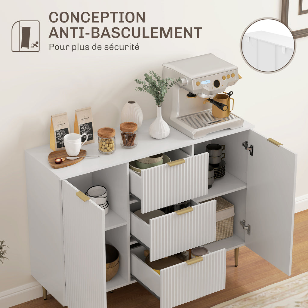 HOMCOM Buffet Küchenmöbel Aufbewahrung mit 3 Schubladen, höhenverstellbaren Regalen, Schranktüren mit Rillen, 120 x 40 x 90 cm, weiß