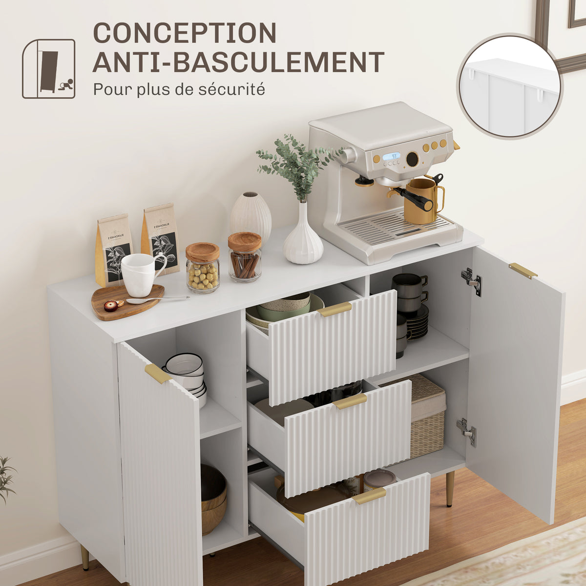 HOMCOM Buffet Küchenmöbel Aufbewahrung mit 3 Schubladen, höhenverstellbaren Regalen, Schranktüren mit Rillen, 120 x 40 x 90 cm, weiß