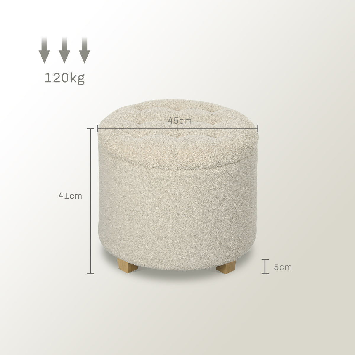 HOMCOM Runder Sitzhocker mit Stauraum, Deckel und Holzbeinen, Fußhocker für Wohnzimmer, Flur, Schlafzimmer, Cremeweiß