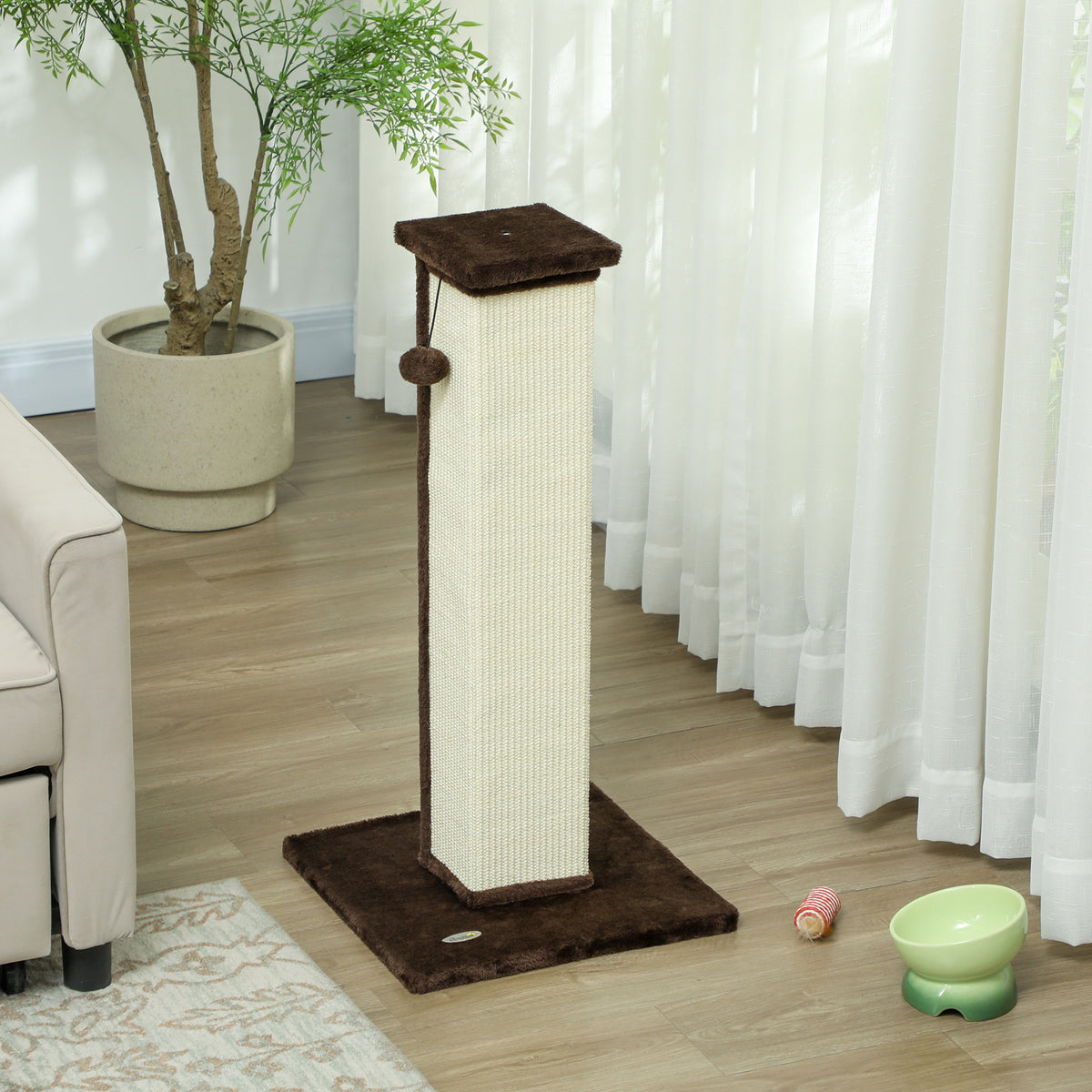 PawHut Kratzbaum für Katzen Kratzsäule Katze aus Sisal und Plüsch, hängender Ball stabile Basis 41 x 41 x 81 cm Braun und Creme