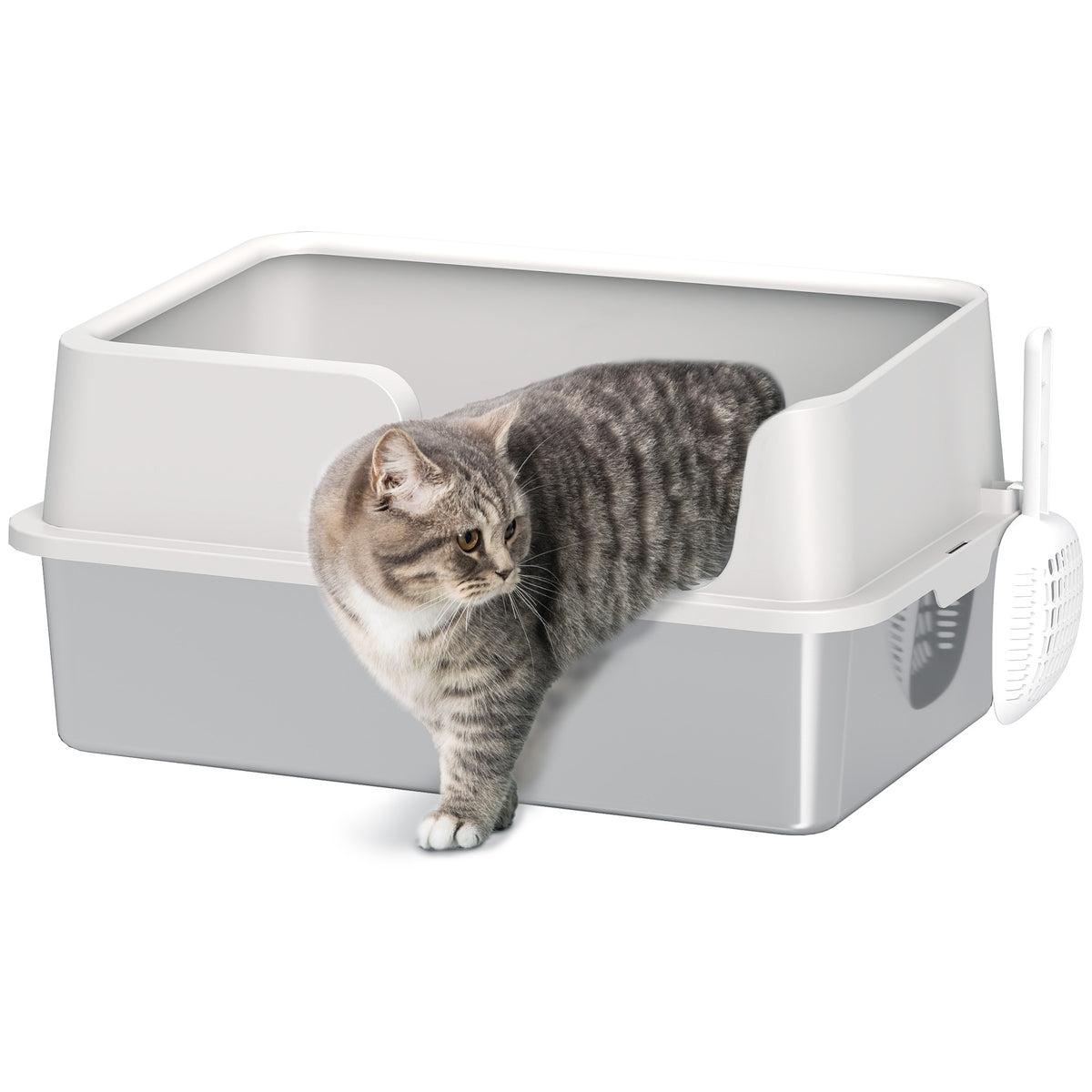 PawHut Katzentoilette mit erhöhten Rändern, Tropfschale und Schaufel, aus Edelstahl und PP, 60x40x28 cm, Hellgrau