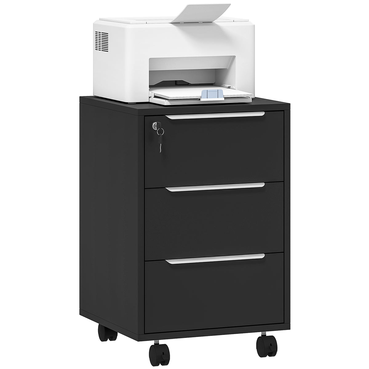 HOMCOM Bürocontainer auf Rollen mit 3 Schubladen und Schloss, Rollcontainer, 40 x 40 x 63,5 cm, Schwarz