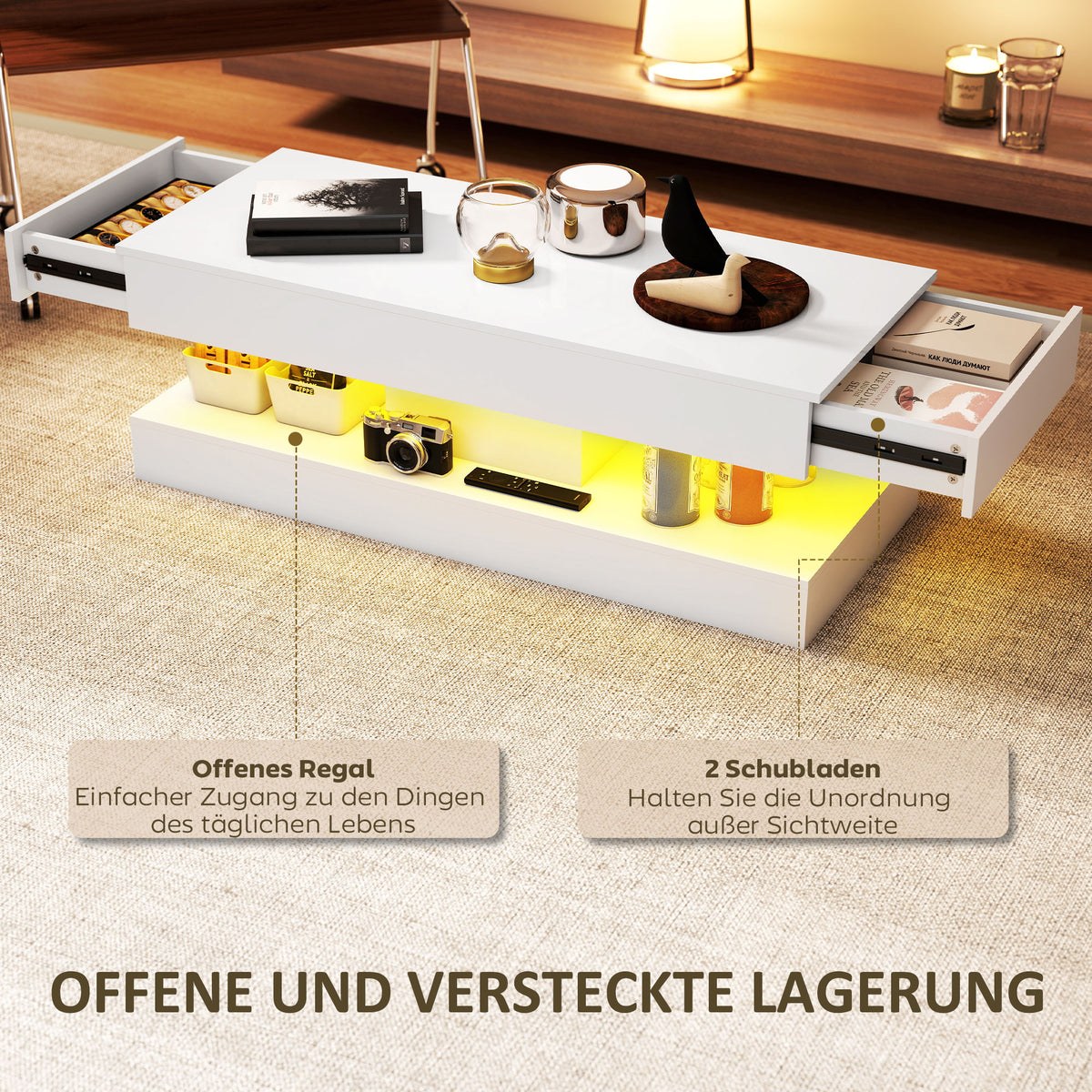 HOMCOM Wohnzimmertisch mit Schubladen und LED-Lichtern, moderner Sofatisch mit offener Ablage, Couchtisch, Spanplatte, Weiß
