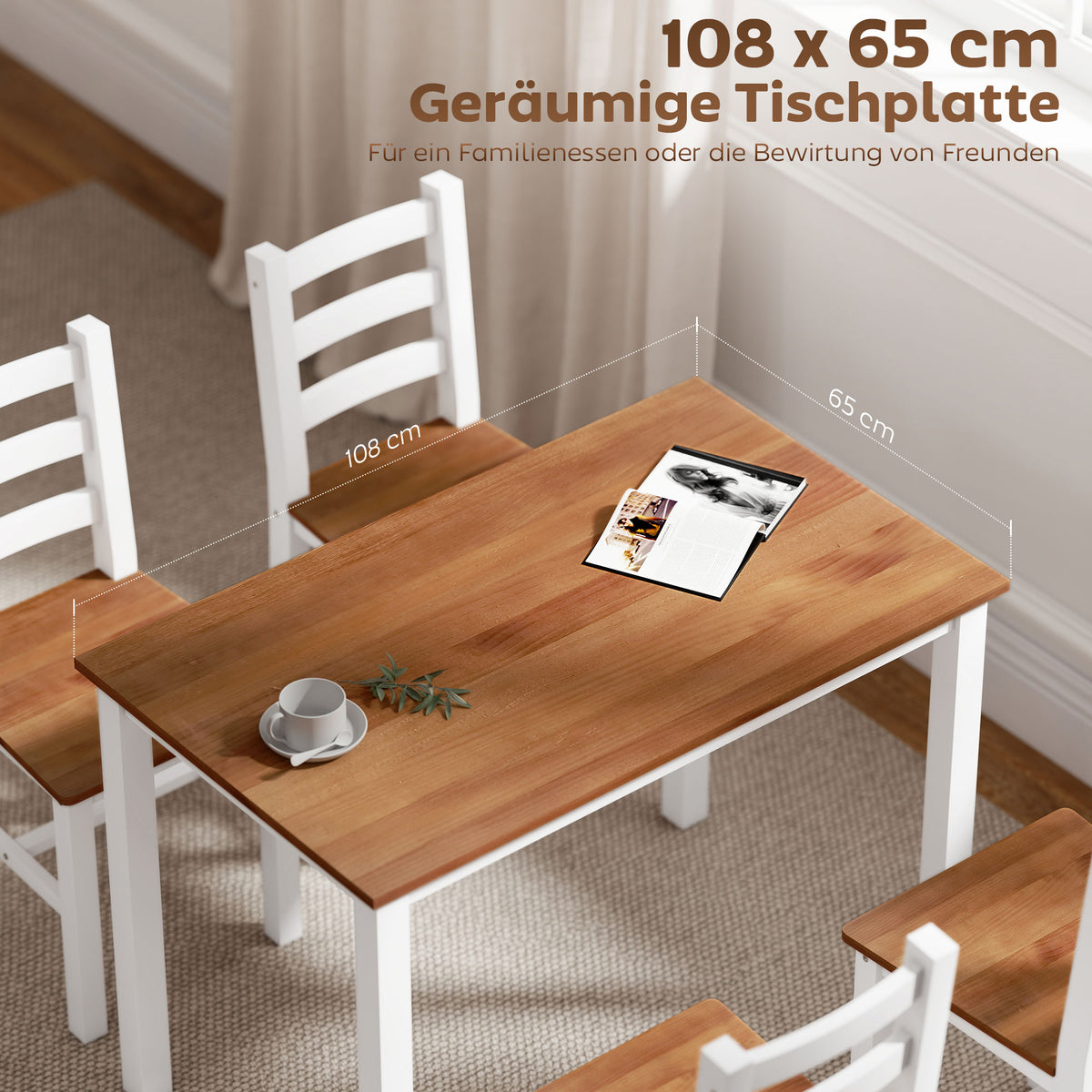 HOMCOM Essgruppenset, Esstisch, 4 Stühle, Esszimmerset, Kiefernholz, Braun+Weiß