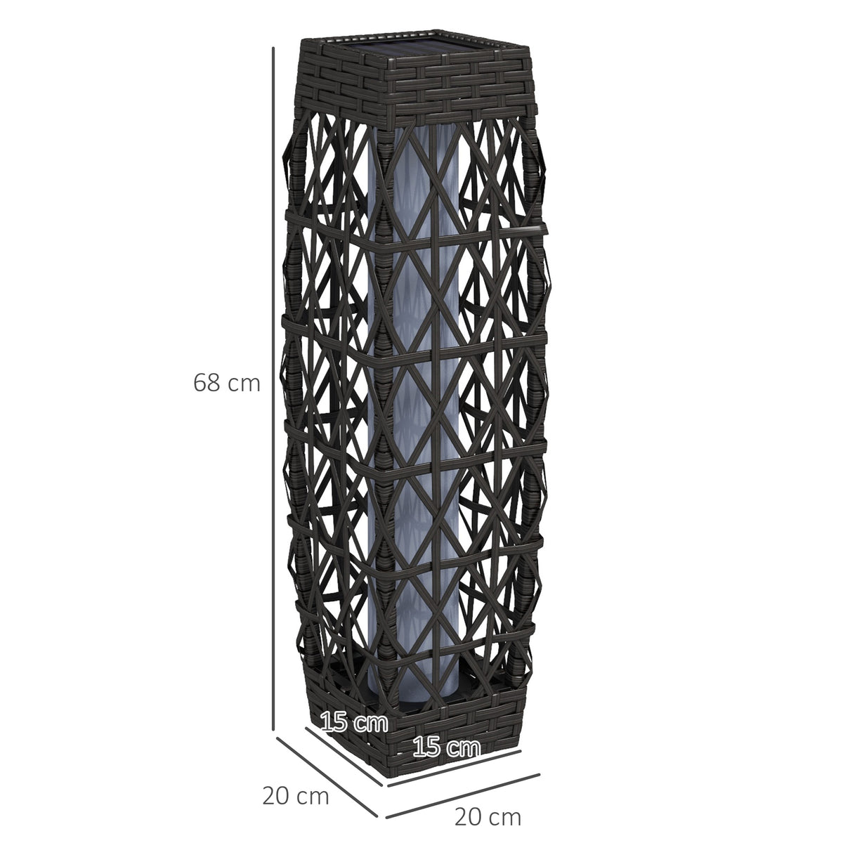 Outsunny Rattan Außenleuchte, Solar Gartenlampe, Einschaltautomatik, LED, wetterfest, Metallrahmen, 20 x 20 x 68cm, Grau