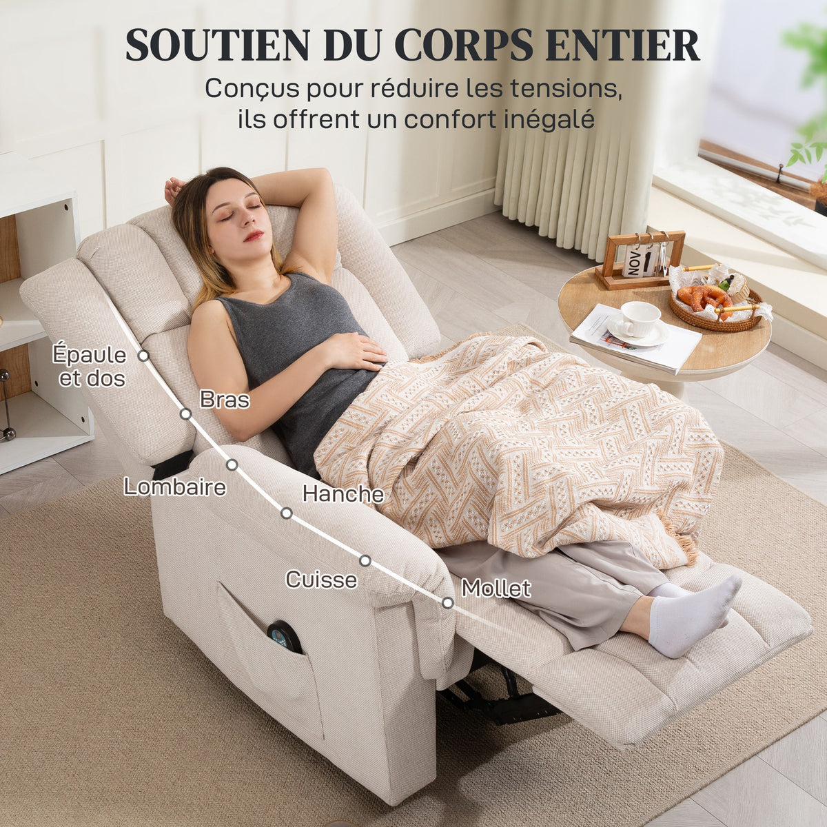 HOMCOM Massagesessel, elektrisch und beheizbar, neigbarer Sessel mit manuell verstellbarer Rückenlehne, 85x91x104cm, beige