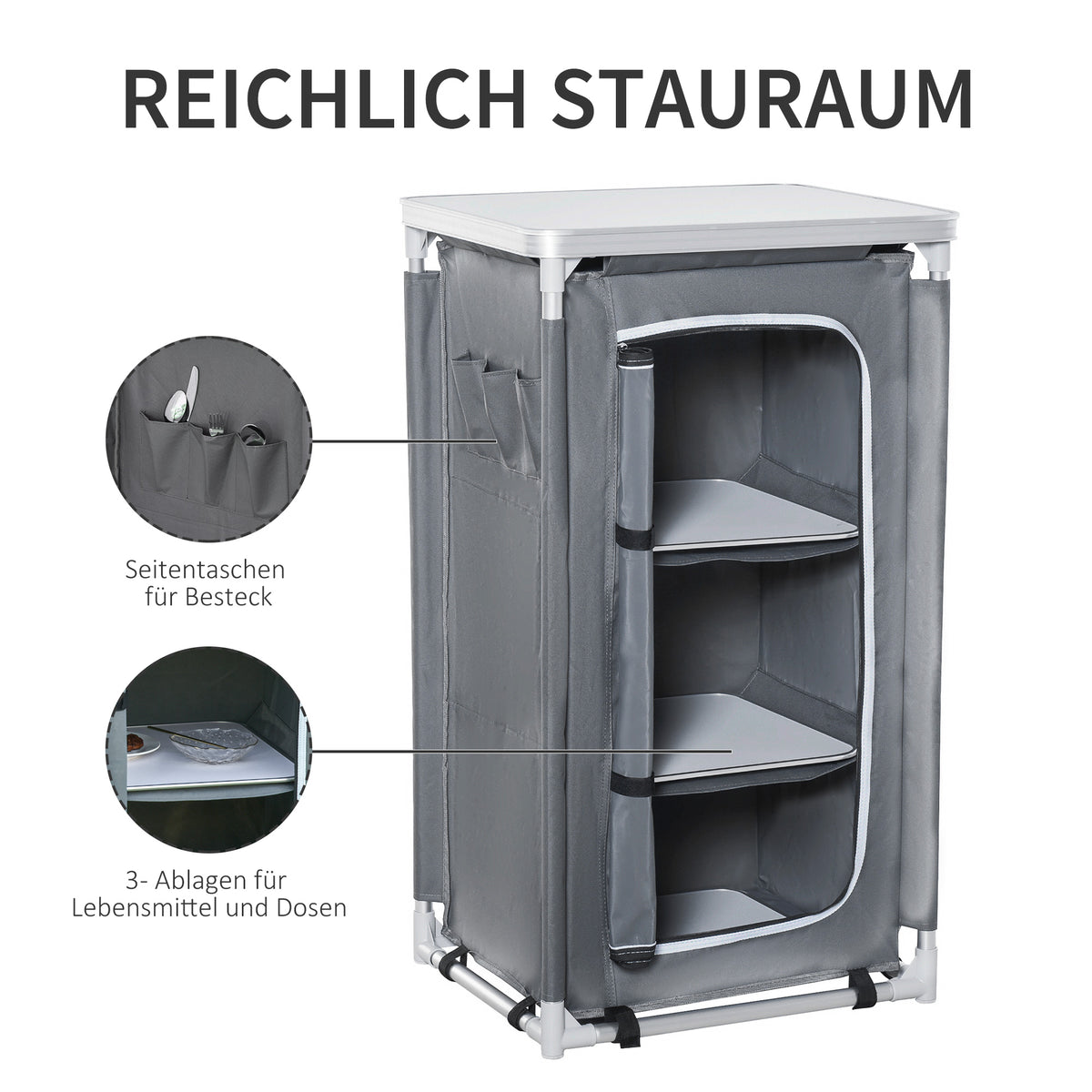 Outsunny Campingschrank faltbar Küchenbox tragbar mit Arbeitsplatte Tragetasche 3 Ablagen 600D Oxford Stoff Grau 60 x 50 x 104,5 cm