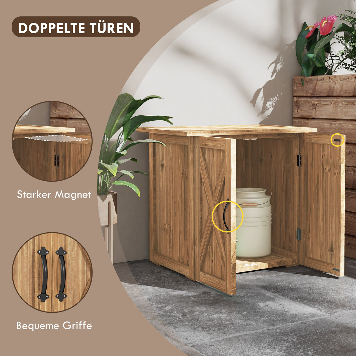 Outsunny Gartenschuppen, Doppeltür, Magnetverschlüsse, wetterfest, Naturholz, 77B x 55T x 72H cm, Braun