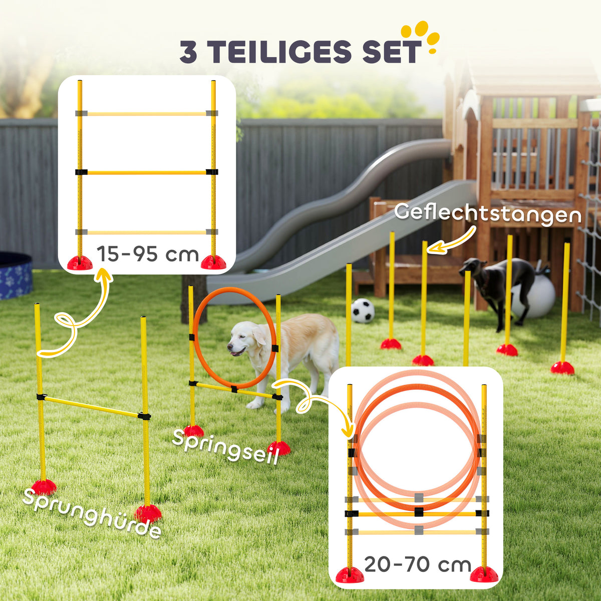 PawHut Agility Set Hunde 3-teiliges befüllbar Agility-Ausrüstung für Hundetraining Steckhürdenset mit Slalomstangen