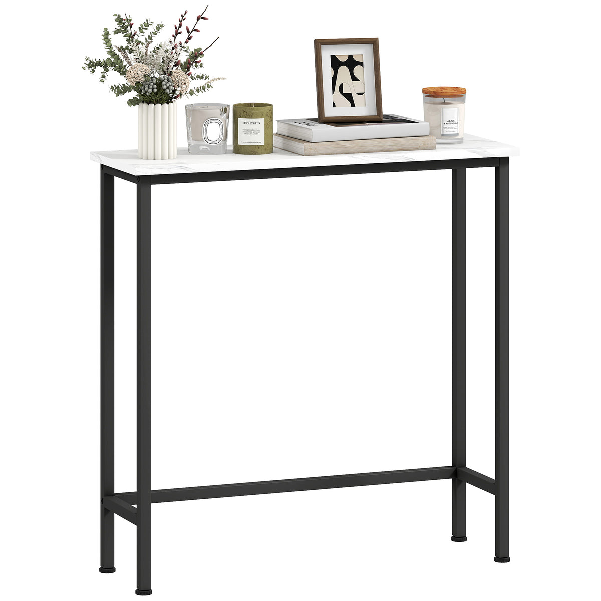 HOMCOM Eingangskonsolentisch Schmal mit Marmorierter Oberfläche und Metallrahmen 75x24x76 cm Weiß und Schwarz