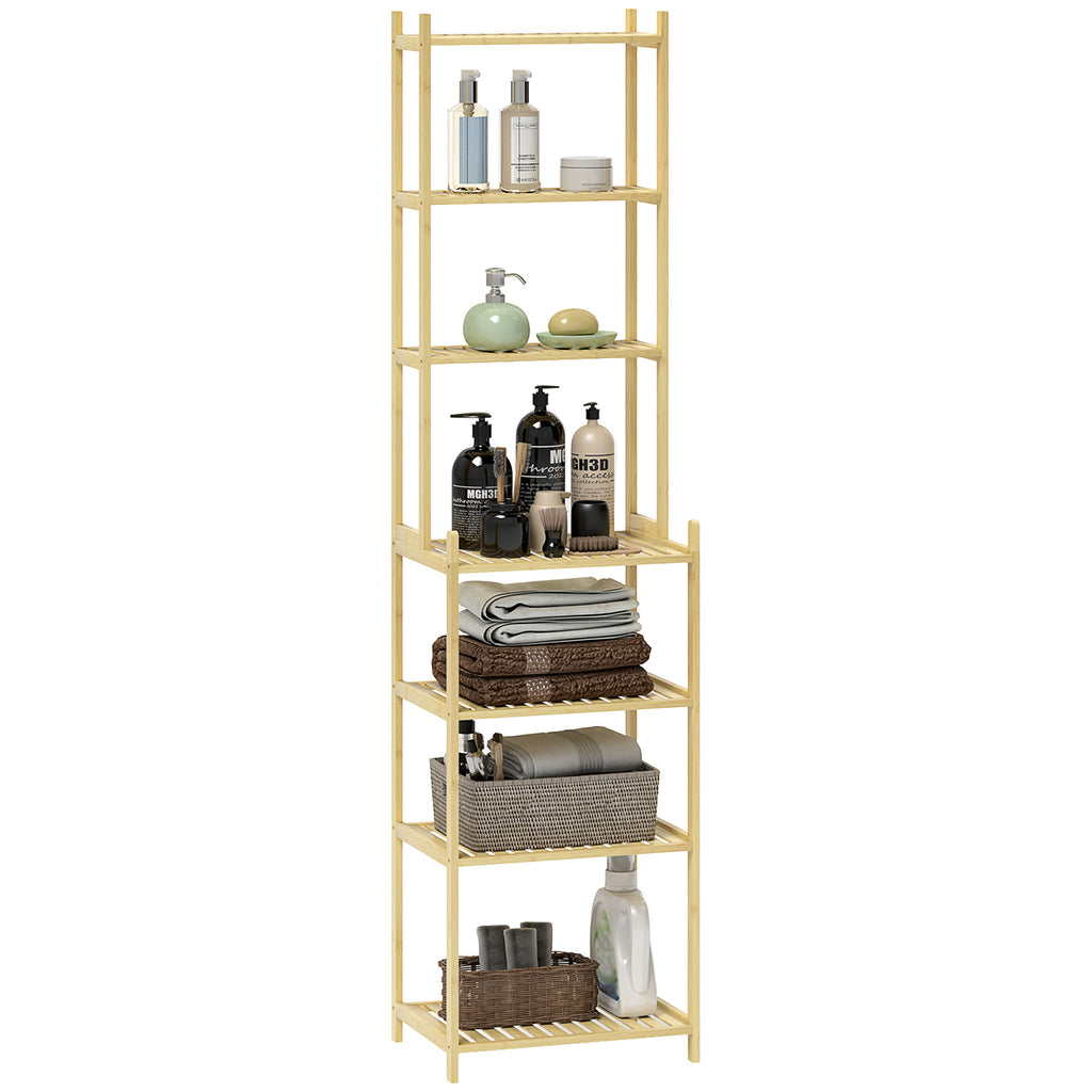 HOMCOM Badezimmerregal mit 7 Ebenen, Badregal aus Bambus, wasserfest, robust, 180 cm