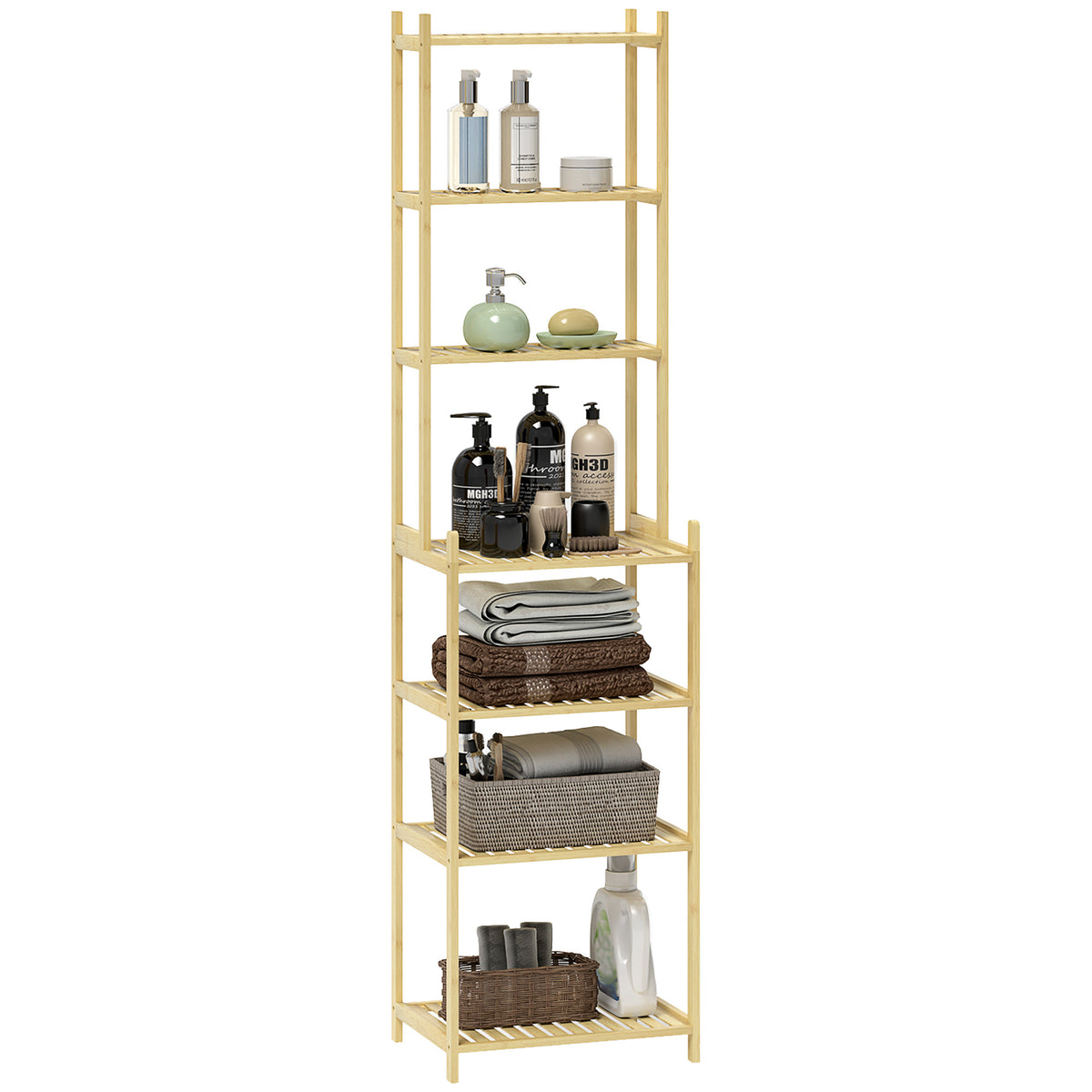 HOMCOM Badezimmerregal mit 7 Ebenen, Badregal aus Bambus, wasserfest, robust, 180 cm