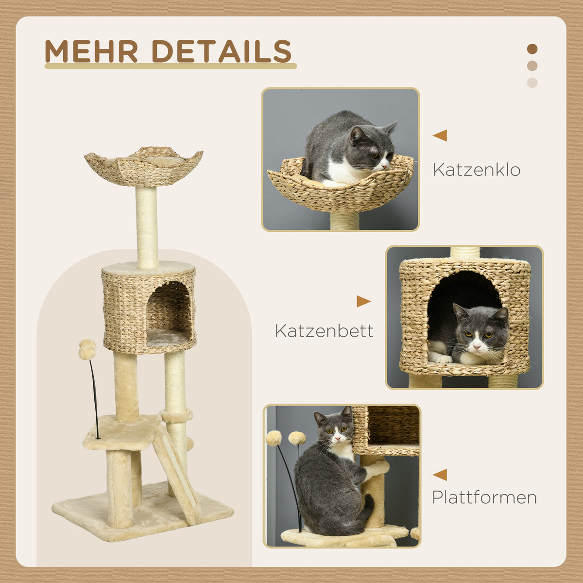 PawHut Kratzbaum mit Katzenhöhle, Liegeplattform, Spielball, 45x40x116cm, Braun/Beige