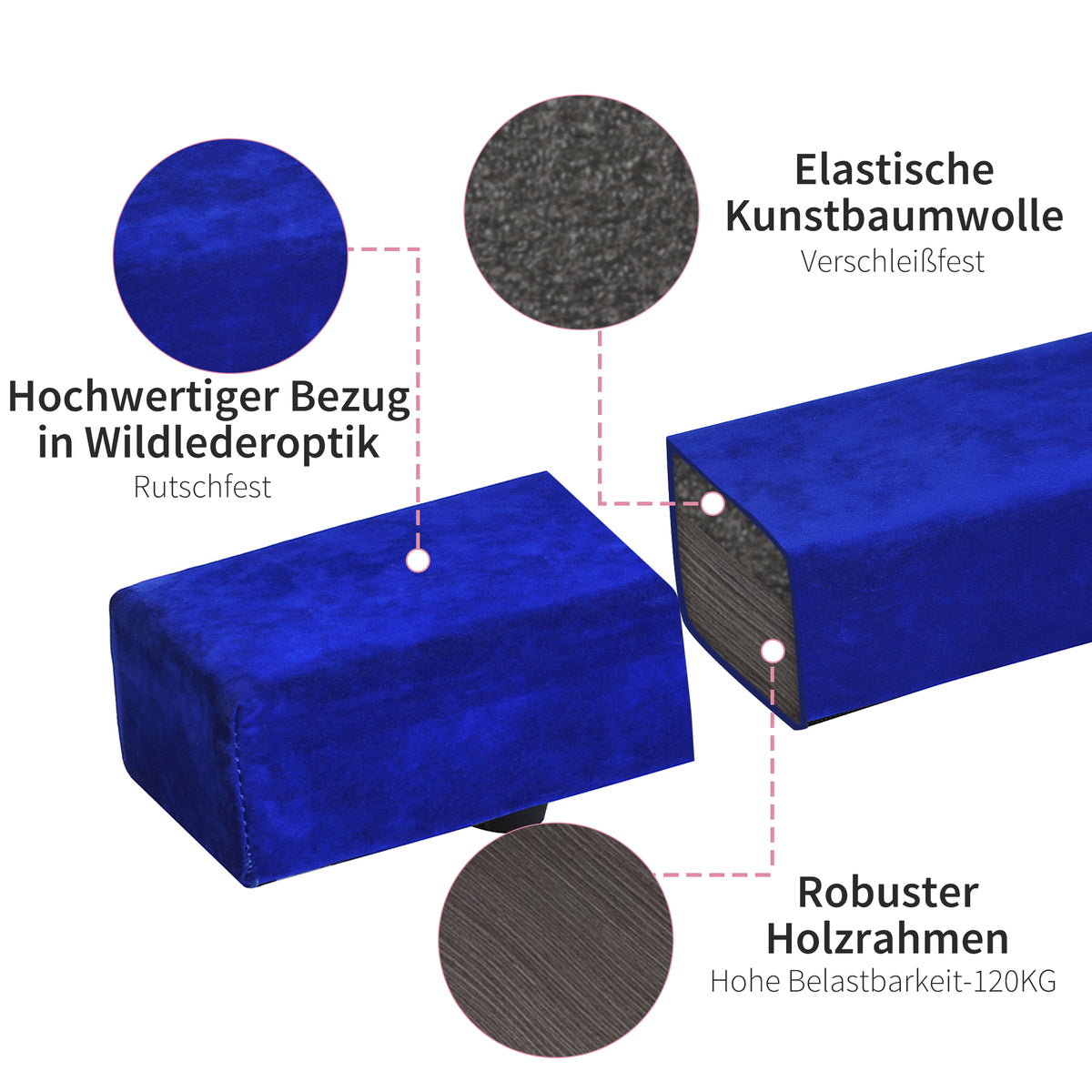 HOMCOM Faltbarer Schwebebalken, rutschfest, Wildlederbezug, robustes Holz, 210 x 10 x 6,5 cm, Blau