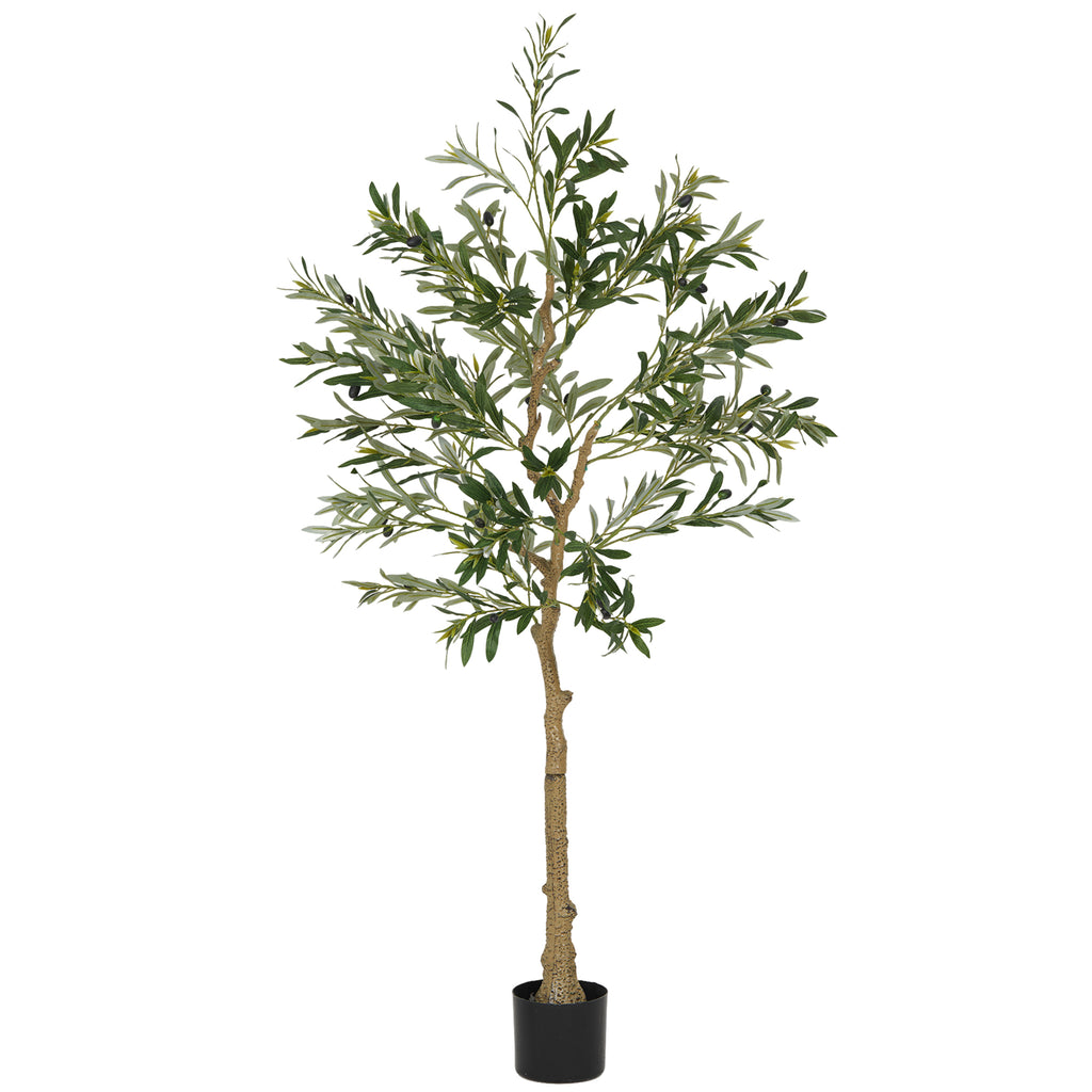 HOMCOM Kunstpflanze, Künstlicher Olivenbaum, 150 cm, 720 Blätter, 40 Oliven, stabiler Blumentopf, Dekorationspflanze, Grün