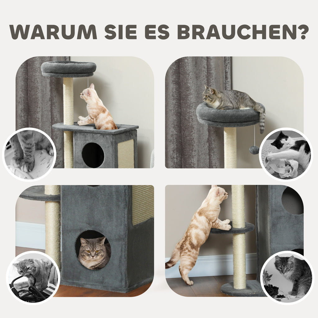 PawHut Katzenbaum für den Innenbereich, 111 cm, Kratzbaum mit Katzenbett, Sisal-Kratzpfosten, Spielball, Sprungplattform, Grau