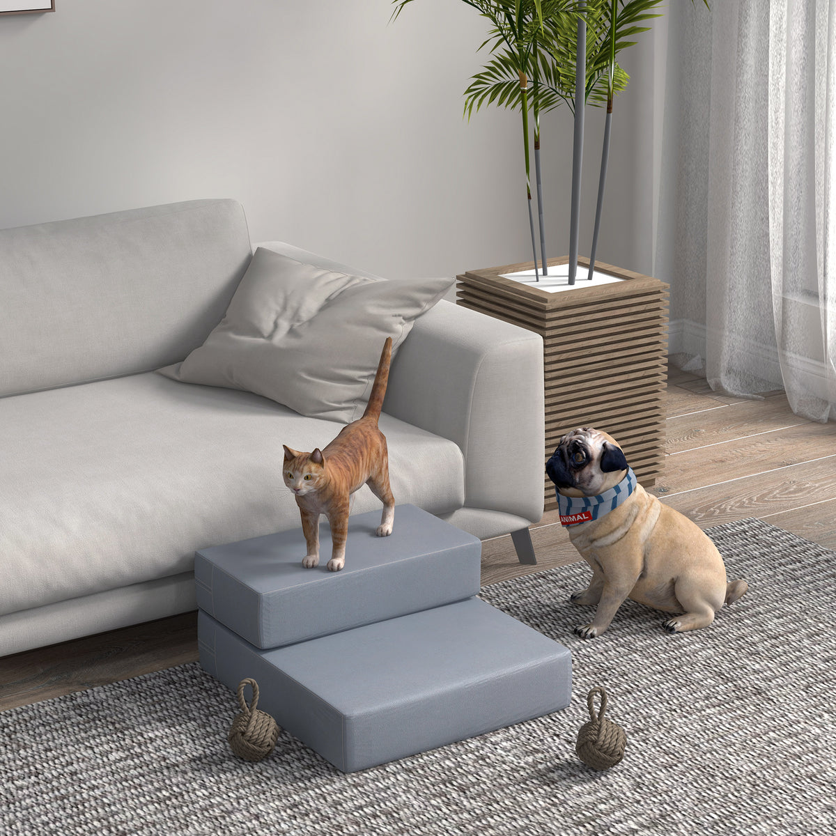 PawHut Haustiertreppe Tierunterlage 2 Stufen Klappbar bis 7 kg Hundetreppe Treppe Unterlage für Katzen und Hunde Grau L45 x B39 x H20 cm