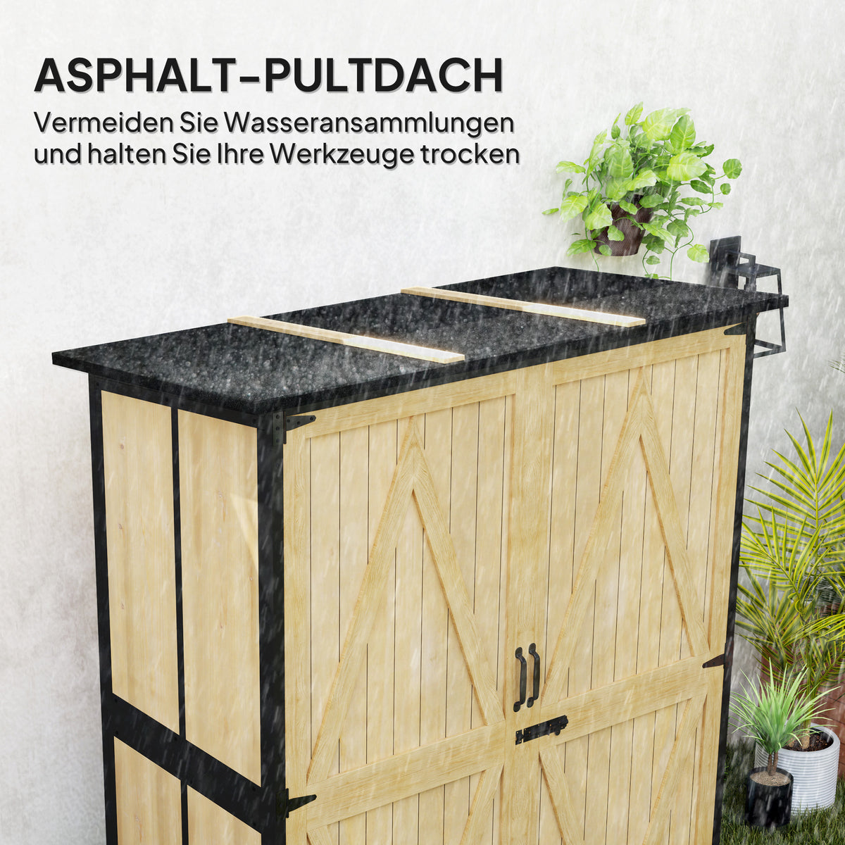Outsunny Gartenschrank aus Holz und Stahl, Outdoor-Werkzeugschrank mit Asphalt-Dach, 2 Regale, verschließbare Türen, Naturholz