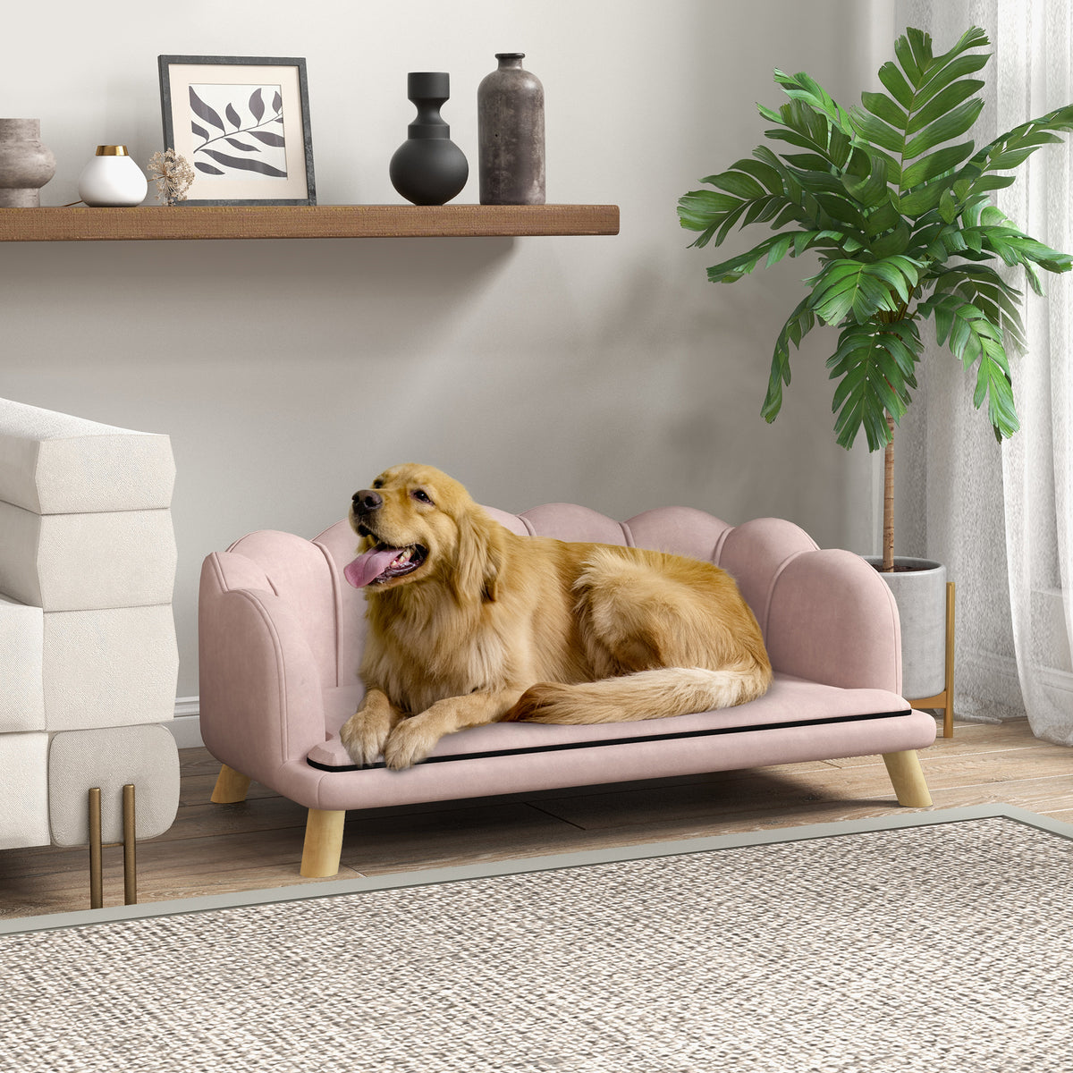 PawHut Haustiersofa für mittelgroße und große Hunde bis 25 kg, robustes Holz, gepolstert, Rosa