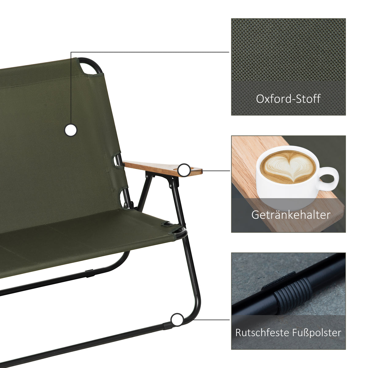 Outsunny Faltstuhl 2-Sitzer faltbar Campingstuhl mit Armlehnen Getränkehalter Outdoor Klappstuhl bis 160 kg belastbar robust Angelstuhl Gartenstuhl für Garten Camping Strand