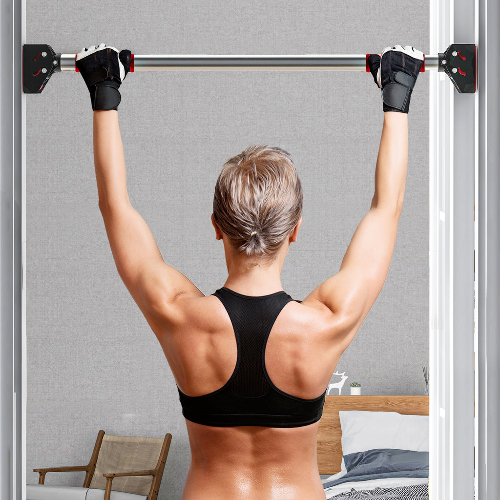 SPORTNOW Klimmzugstange für Türrahmen, verstellbar, ohne Bohren, Stahl, bis 200 kg, 75-92 x 10 x 7 cm, Schwarz/Rot
