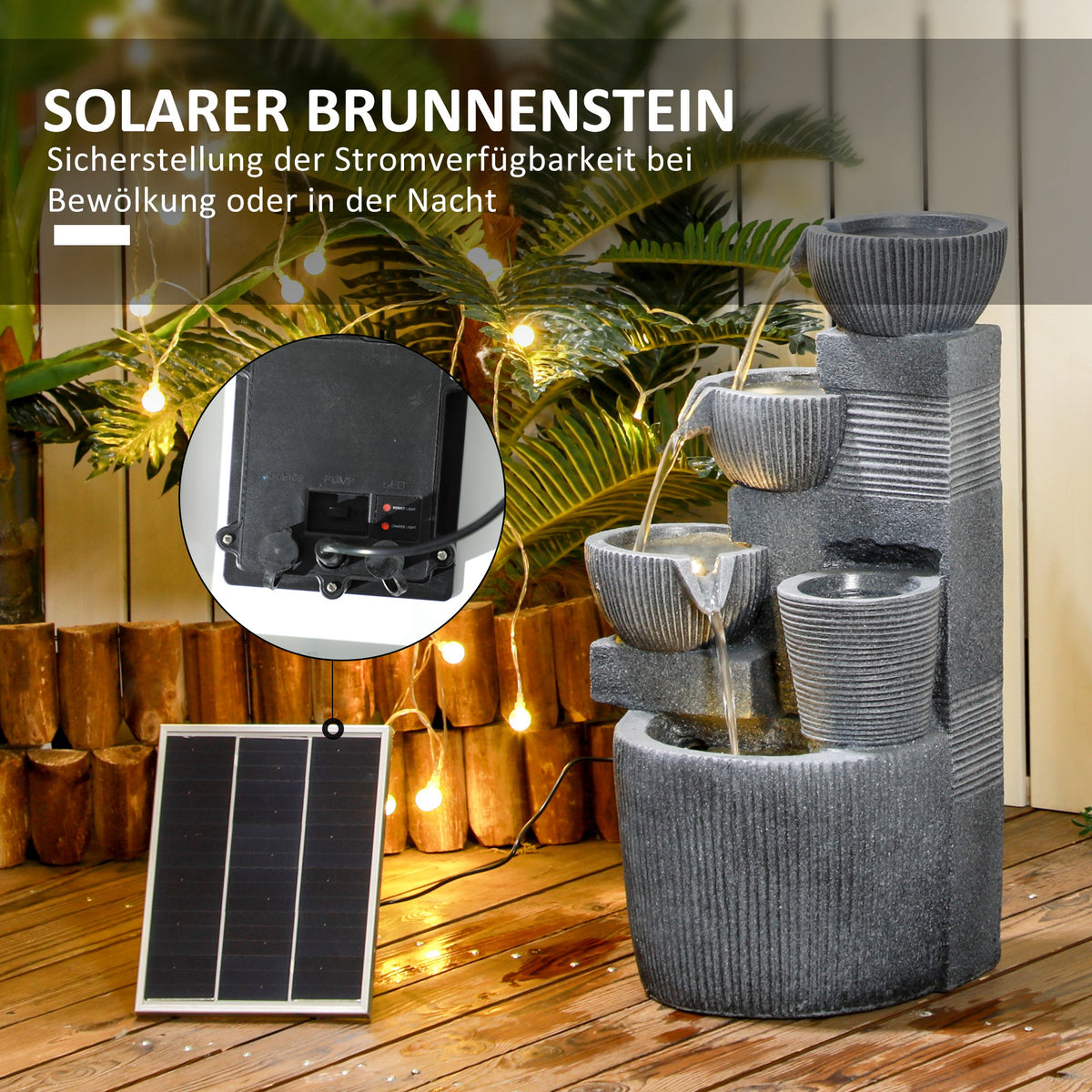 Outsunny Gartenbrunnen, Naturoptik, 4-stufig, Solarbetrieb, LEDs, 57cm Höhe, Dunkelgrau