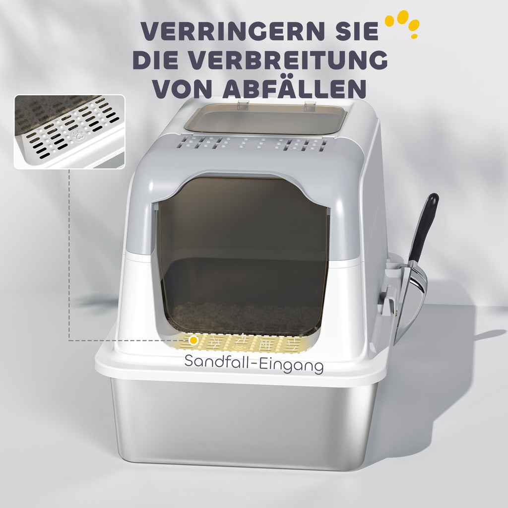 PawHut Katzenklo, Katzentoilette mit Deckel, Streuschaufel, vorne Eingang und ober Ausgang Edelstahl bis 15 kg