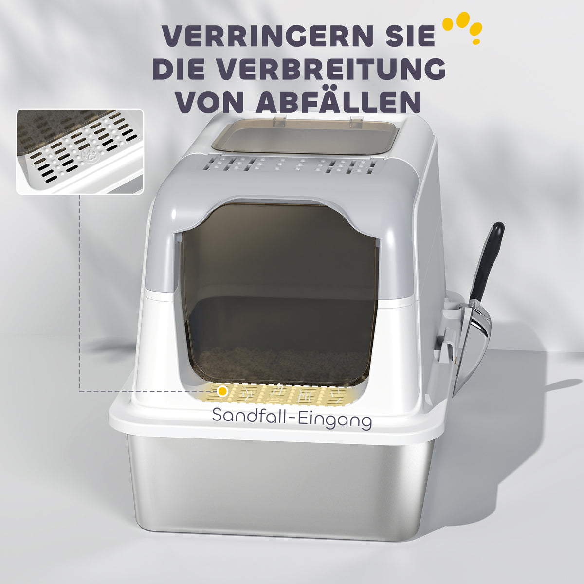 PawHut Katzenklo, Katzentoilette mit Deckel, Streuschaufel, vorne Eingang und ober Ausgang Edelstahl bis 15 kg