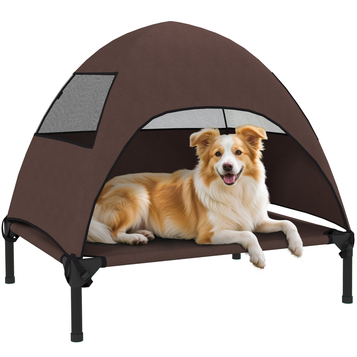PawHut Hundeliege Outdoor mit Dach, Erhöhtes Hundebett für Mittelgroße Hunde, 76 x 61 x 71cm, Kaffee