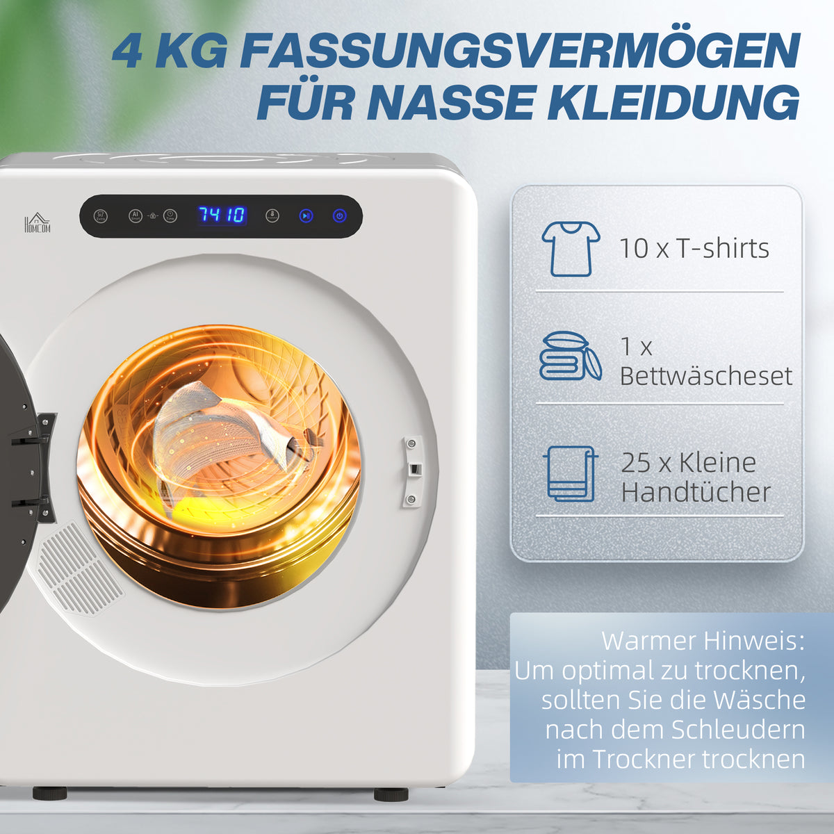 HOMCOM Wäschetrockner, 6 Programme, 40-60℃, 4 kg Kapazität, kompakt, Touch-Bedienung, Weiß