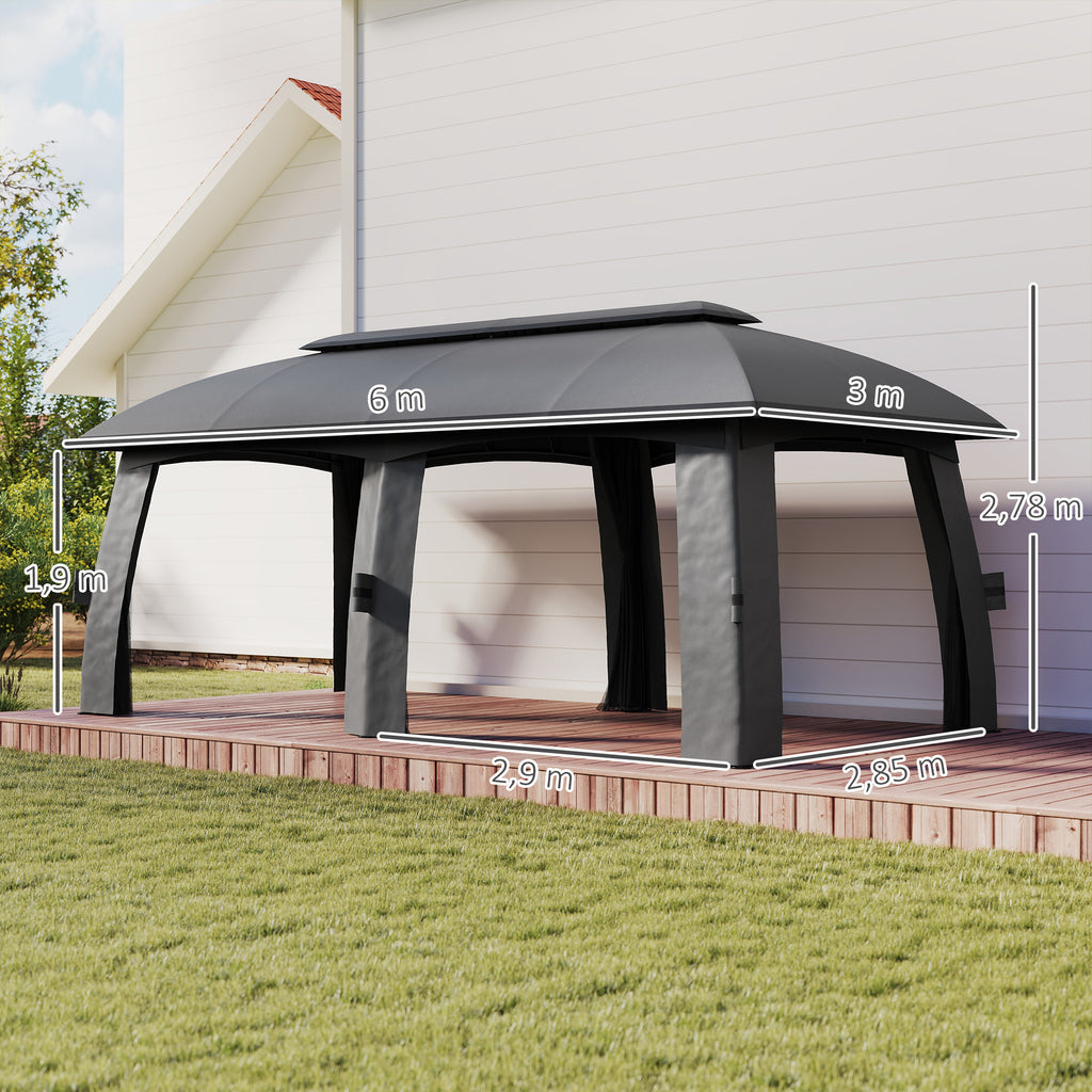 Outsunny Pavillon, Partyzelt, mit Fliegennetzen, Winddach, bis 15 Personen, dunkelgrau, 3 x 6 x 3 m