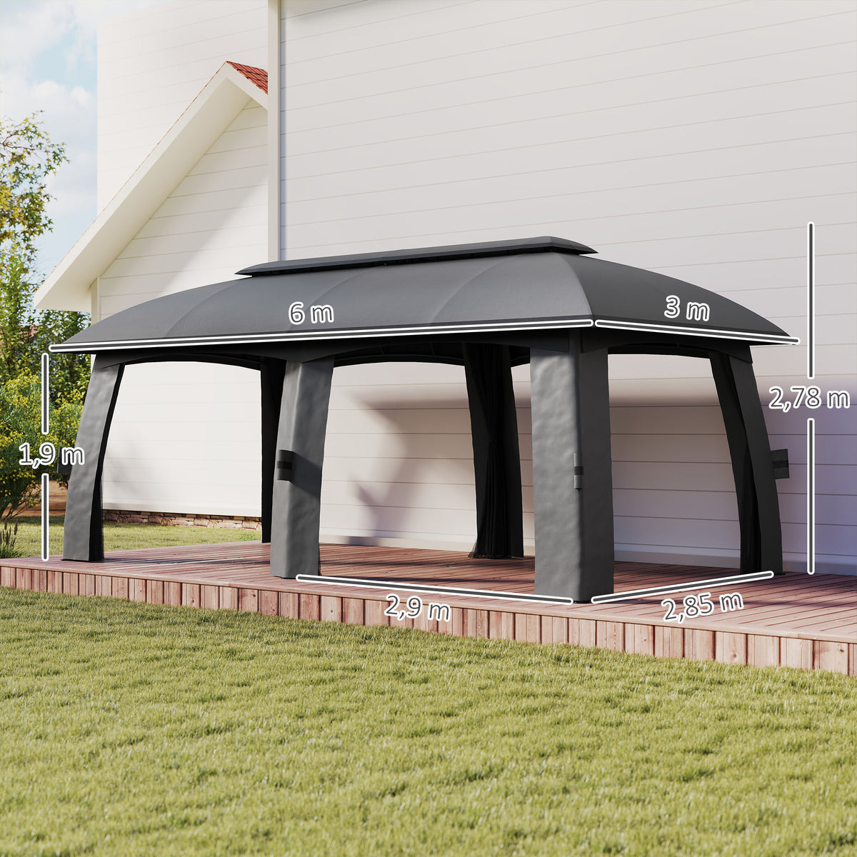 Outsunny Pavillon, Partyzelt, mit Fliegennetzen, Winddach, bis 15 Personen, dunkelgrau, 3 x 6 x 3 m