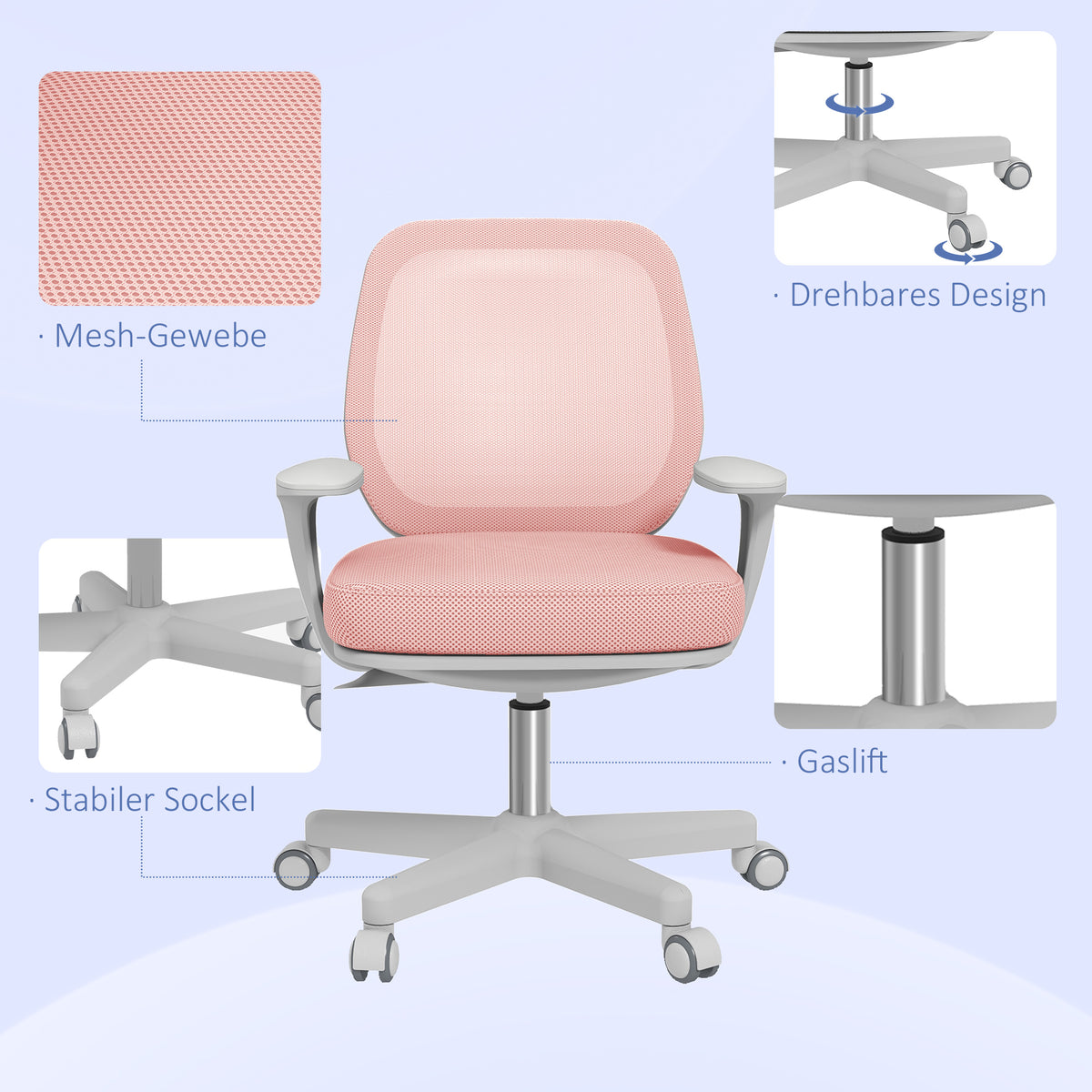 Vinsetto Bürostuhl, Ergonomisch Schreibtischstuhl mit Drehfunktion, Höhenverstellbar 55 x 48 x 82,5-94,5 cm Rosa