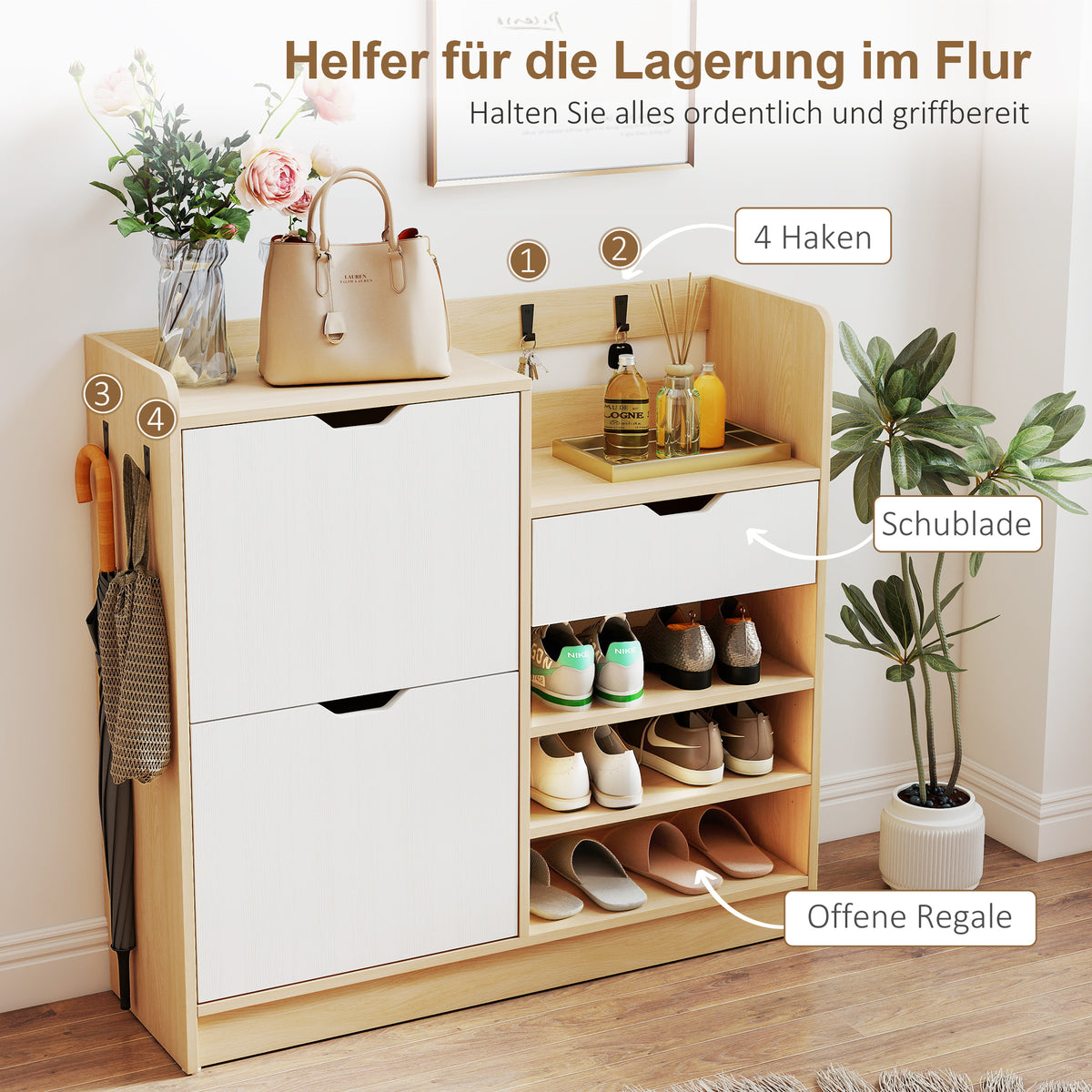 HOMCOM Schuhregal für Flur, Schuhschrank mit Kippschubladen, offenen Regalen, 4 Haken, für bis zu 14 Paar Schuhe, Natur