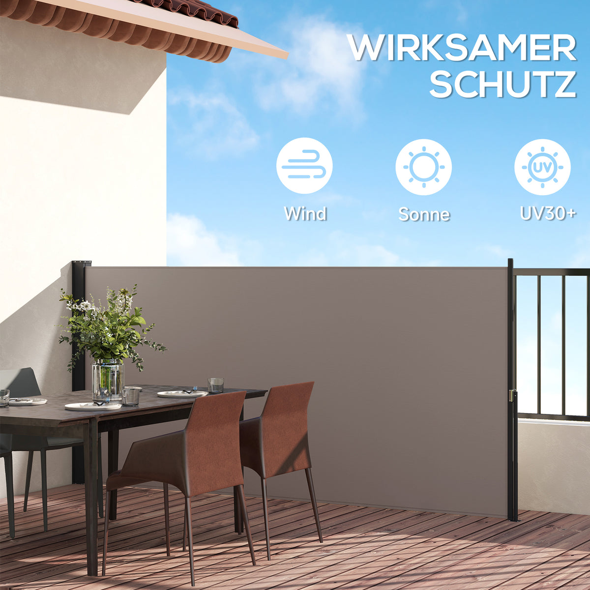 Outsunny Seitenmarkise, Seitenrollo, ausziehbar, Sichtschutz, Aluminium/Polyester, 3 x 1,4 m, Hellgrau