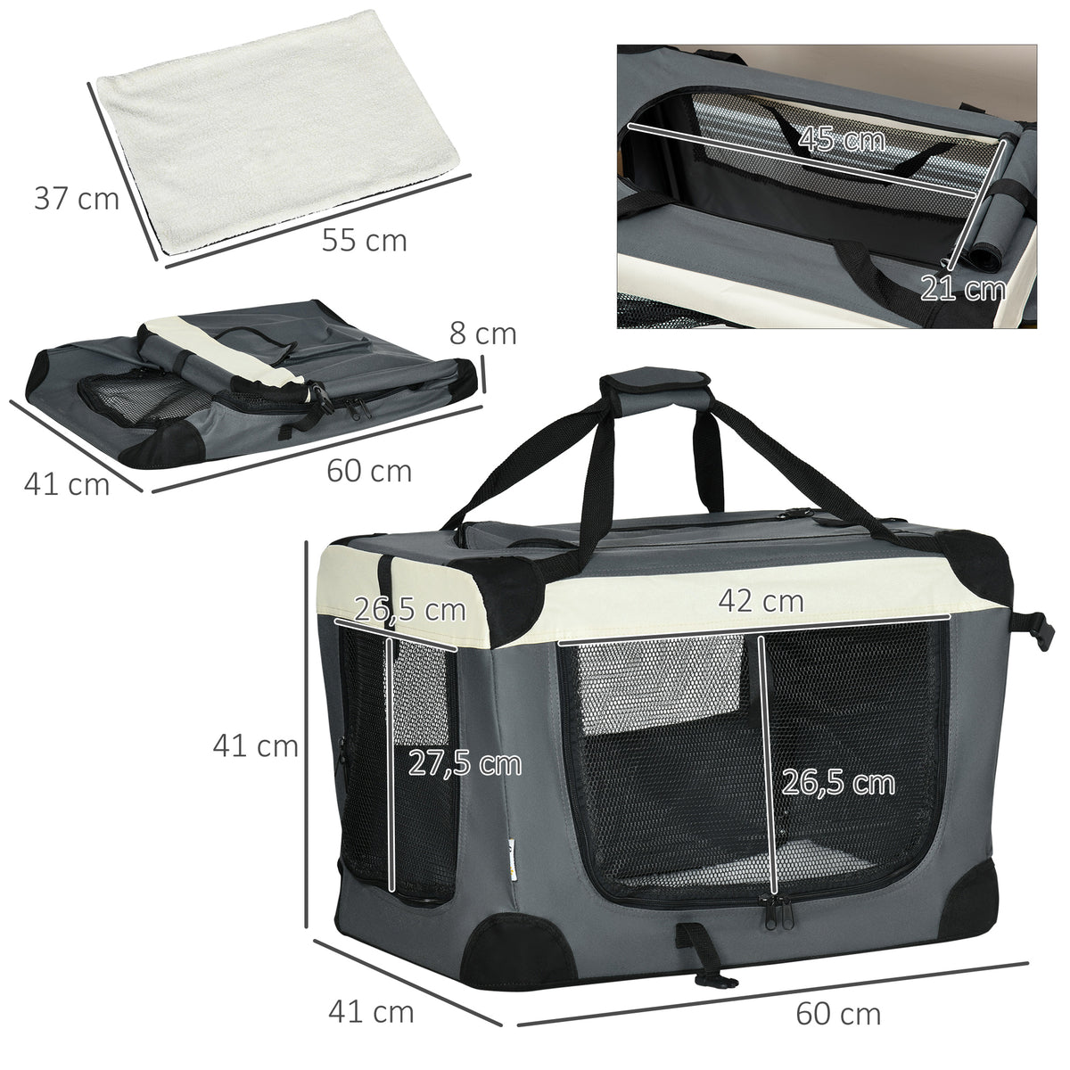 PawHut Faltbare Transporttasche - Griff, 3 Reißverschlüsse, Tasche - abnehmbares Kissen - Stahl Oxford Polyester Grau Schwarz