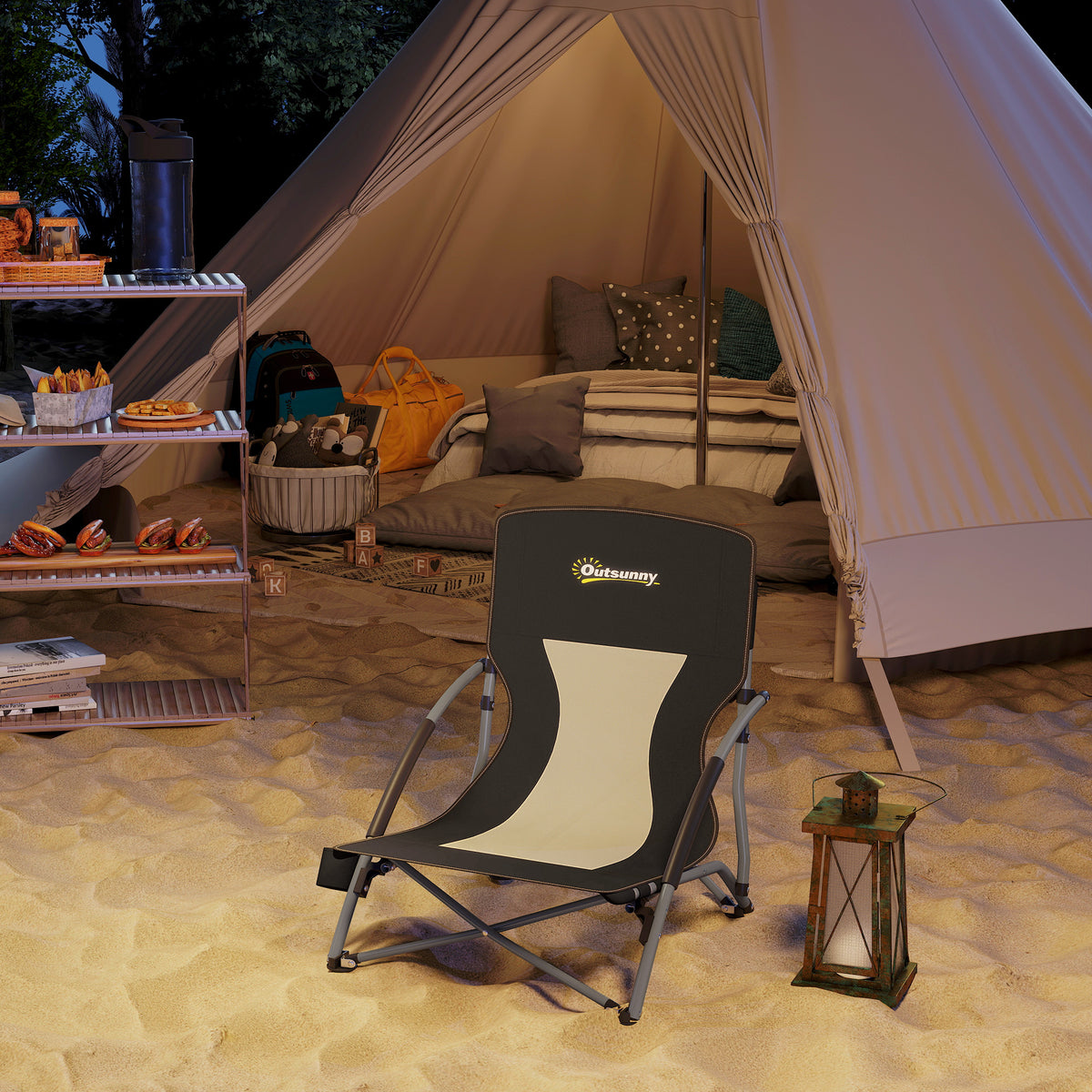 Outsunny Faltbarer Strandstuhl Campingstuhl leicht Tragetasche Getränkehalter 58 x 55 x 62 cm schwarz