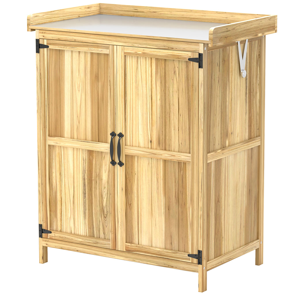 Outsunny Gartenschrank, Werkzeugschrank für den Außenbereich, mit Arbeitsfläche, Holz und Edelstahl, Doppeltüren, Naturholz