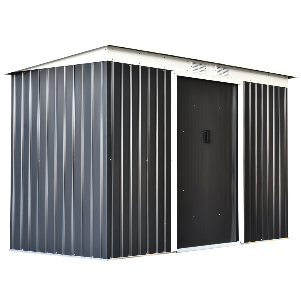 Outsunny Gerätehaus, Gartenhaus, Geräteschuppen mit Schiebetür, Lüftungsfenster, Pultdach, Outdoor, Stahl, Dunkelgrau, 280 x 130 x 172 cm