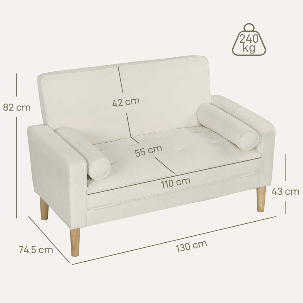 HOMCOM 2-Sitzer-Sofa, Doppelsitzsofa mit Kautschukholzbeinen, Polstersofa für Wohnzimmer, Schlafzimmer, Cremeweiß