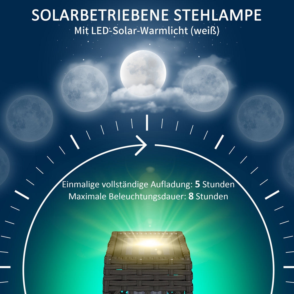 Outsunny Rattan Außenleuchte, Solar Gartenlampe, Einschaltautomatik, LED, wetterfest, Metallrahmen, 20 x 20 x 68cm, Grau