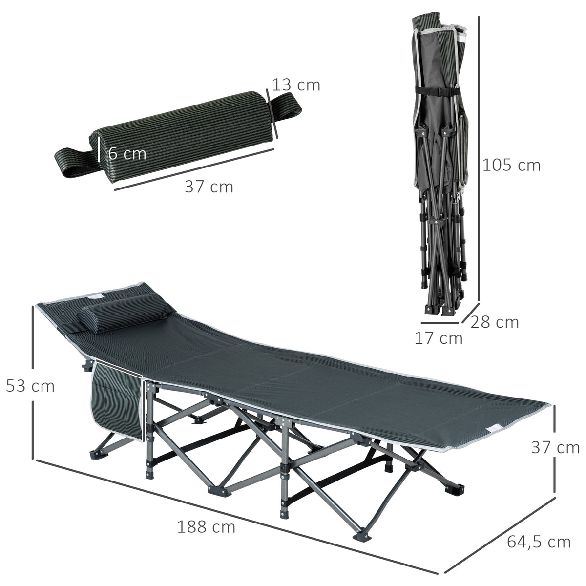 Outsunny Campingbett, klappbares Feldbett mit Kopfkissen, 188 x 64,5 x 53 cm, Grau